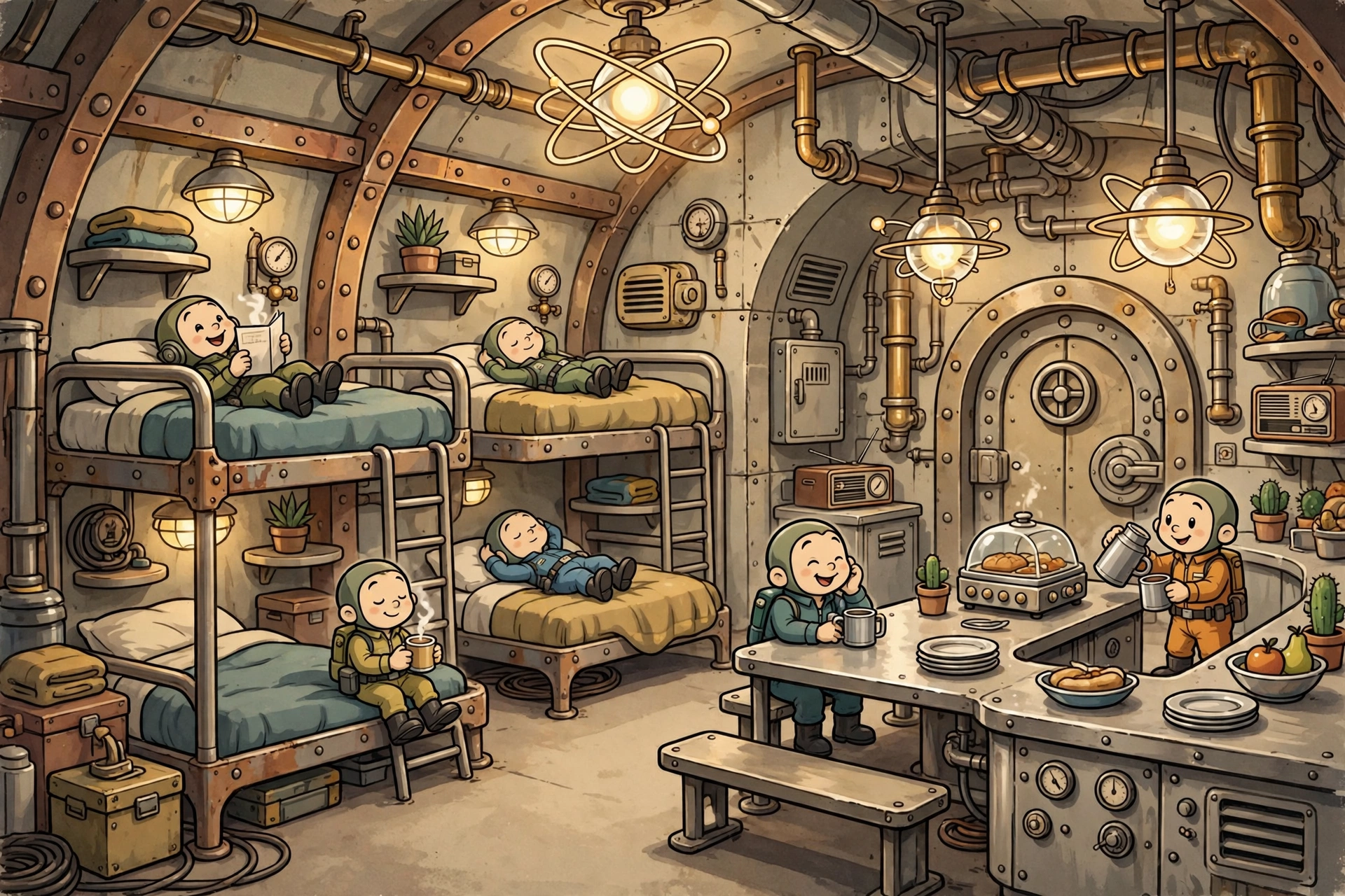 Fallout Shelter vault interior with dwellers working in rooms