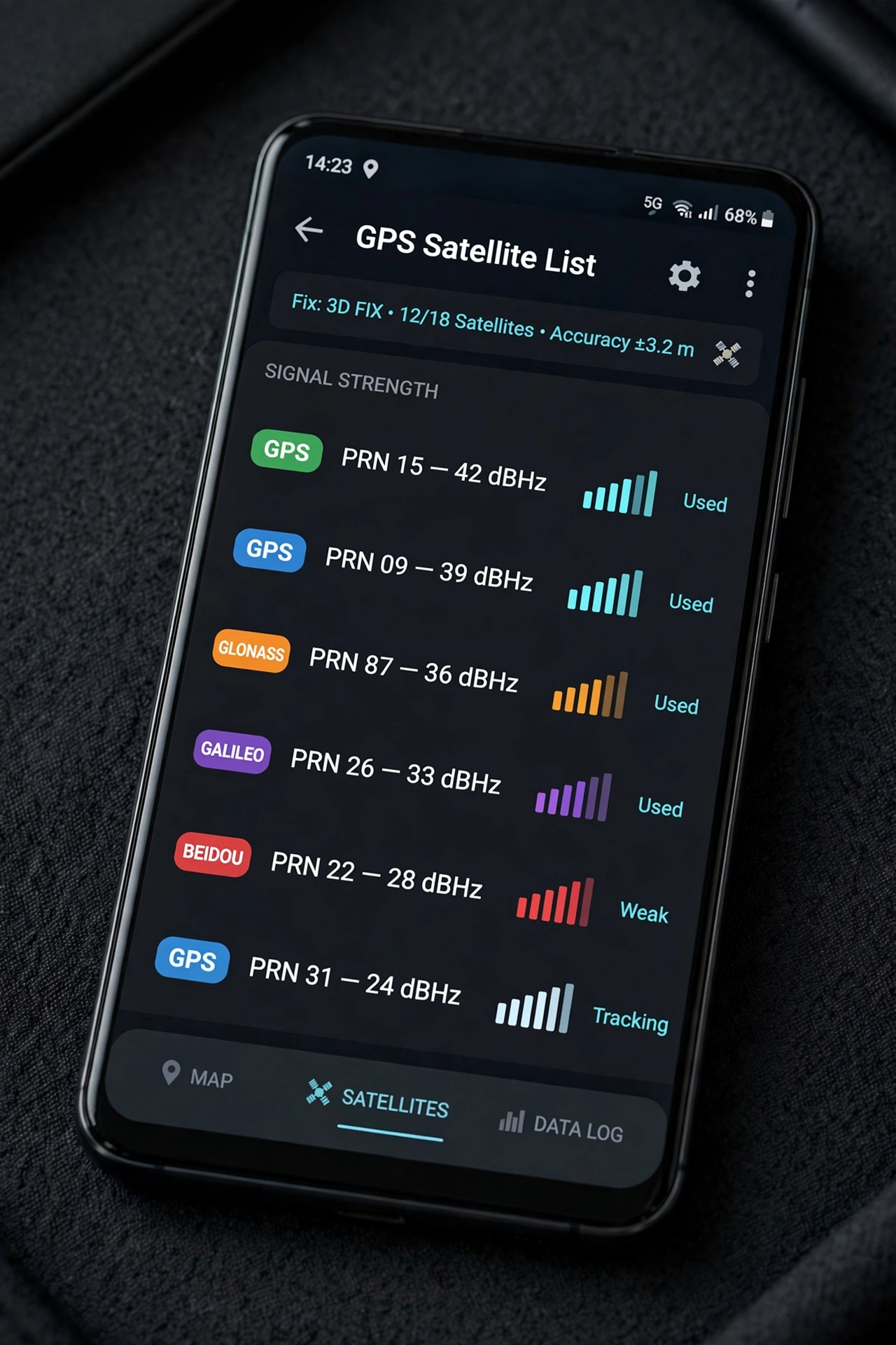 GPS Data satellite list with live signal bars