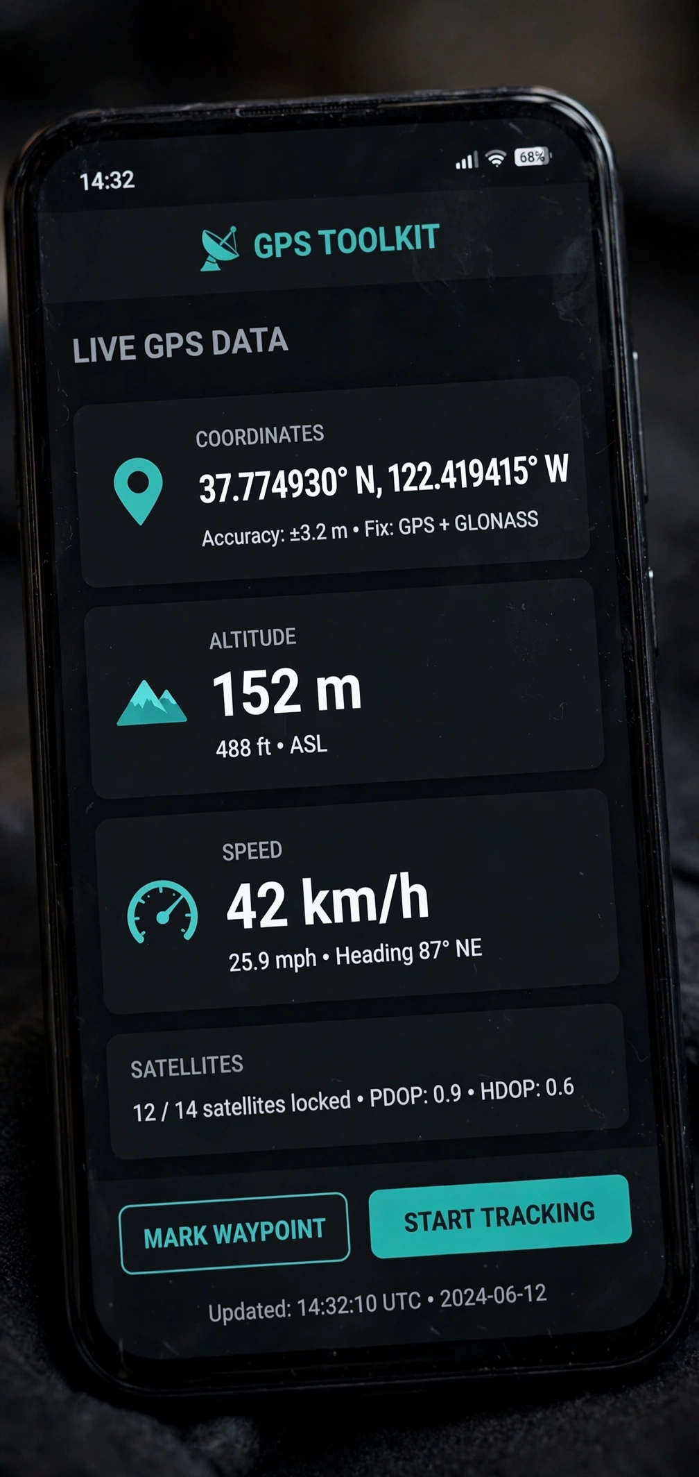 GPS Data coordinates altitude and speed readouts