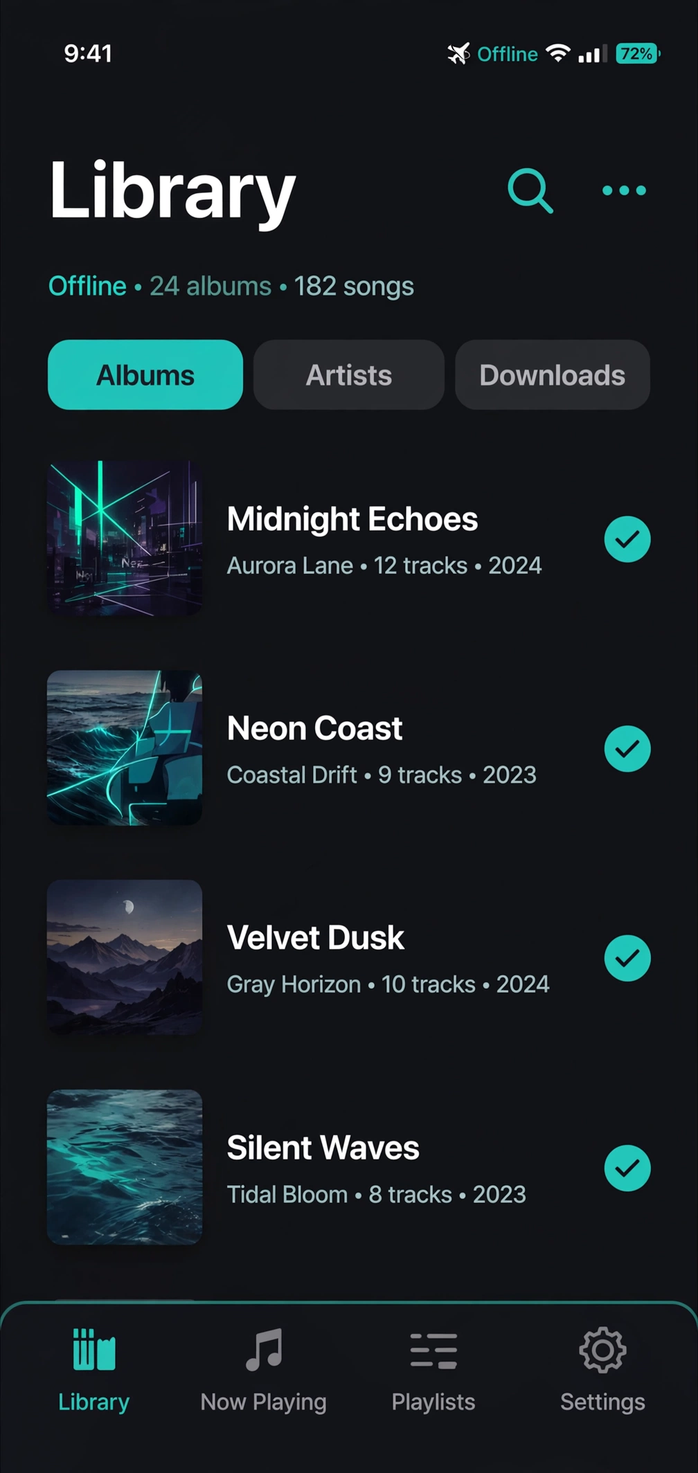Nomad Music dark theme library screen