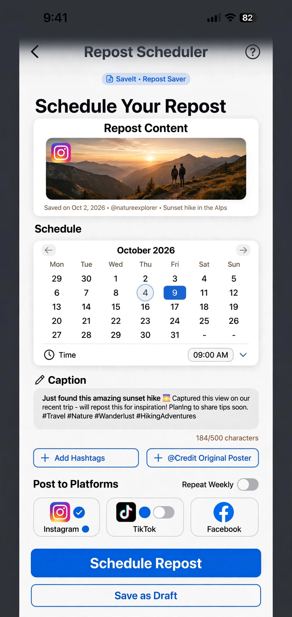 InSave mod repost scheduler screen
