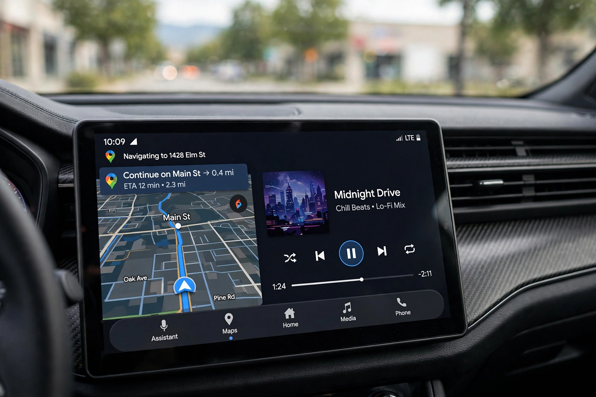 Android Auto interface with maps and music on car dashboard screen