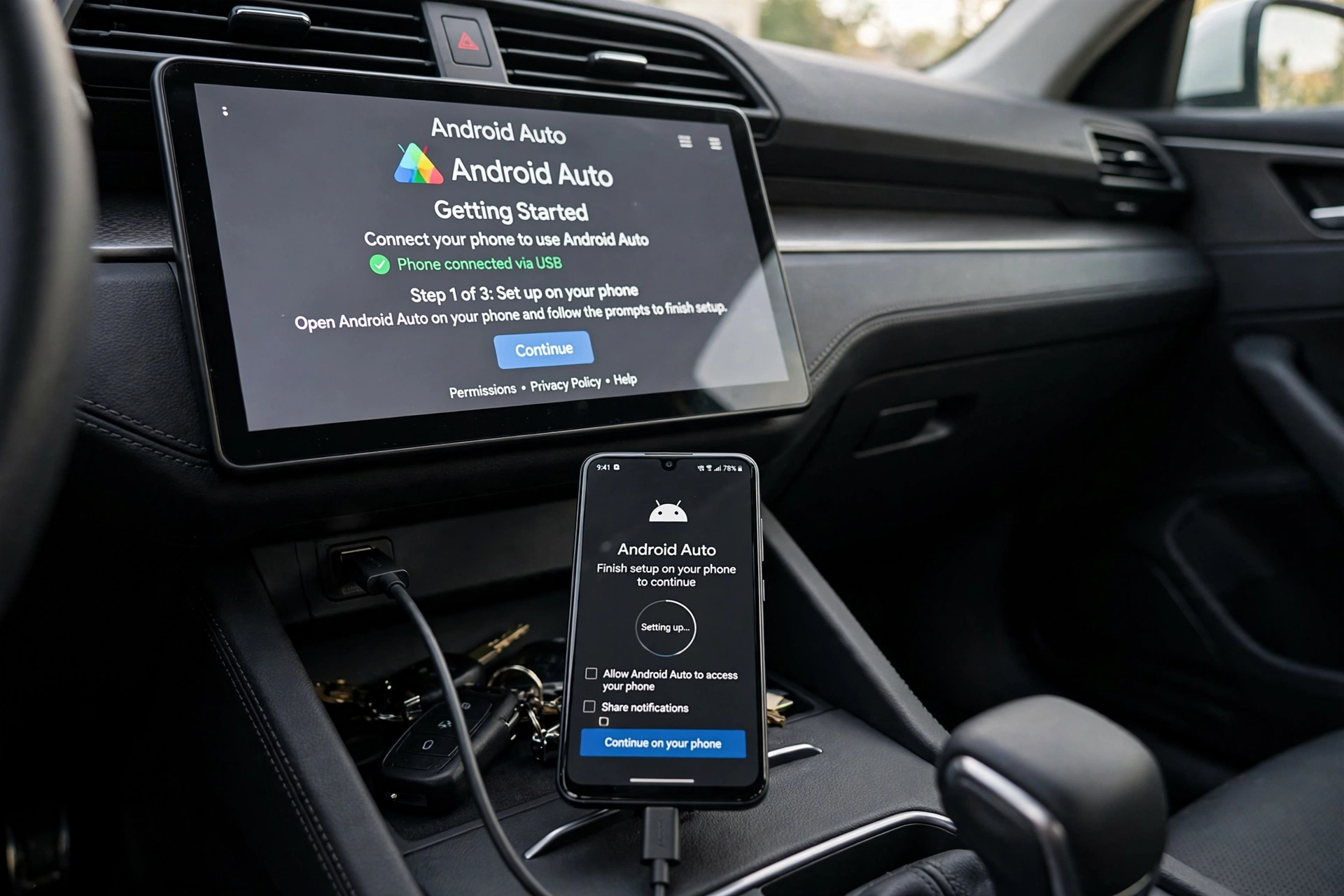Android phone connected to car via cable during Android Auto setup