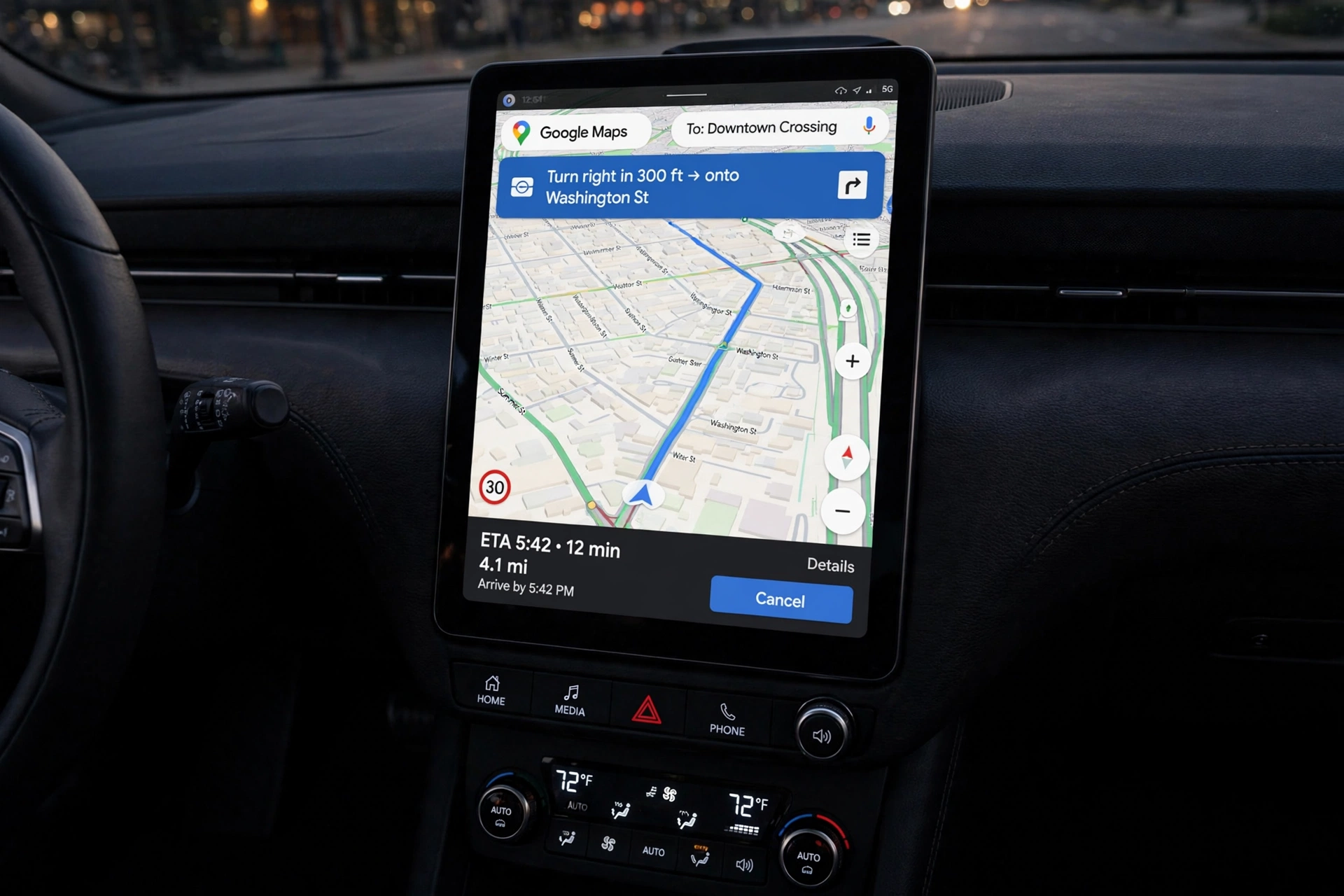 Navigation maps displayed on car dashboard infotainment screen
