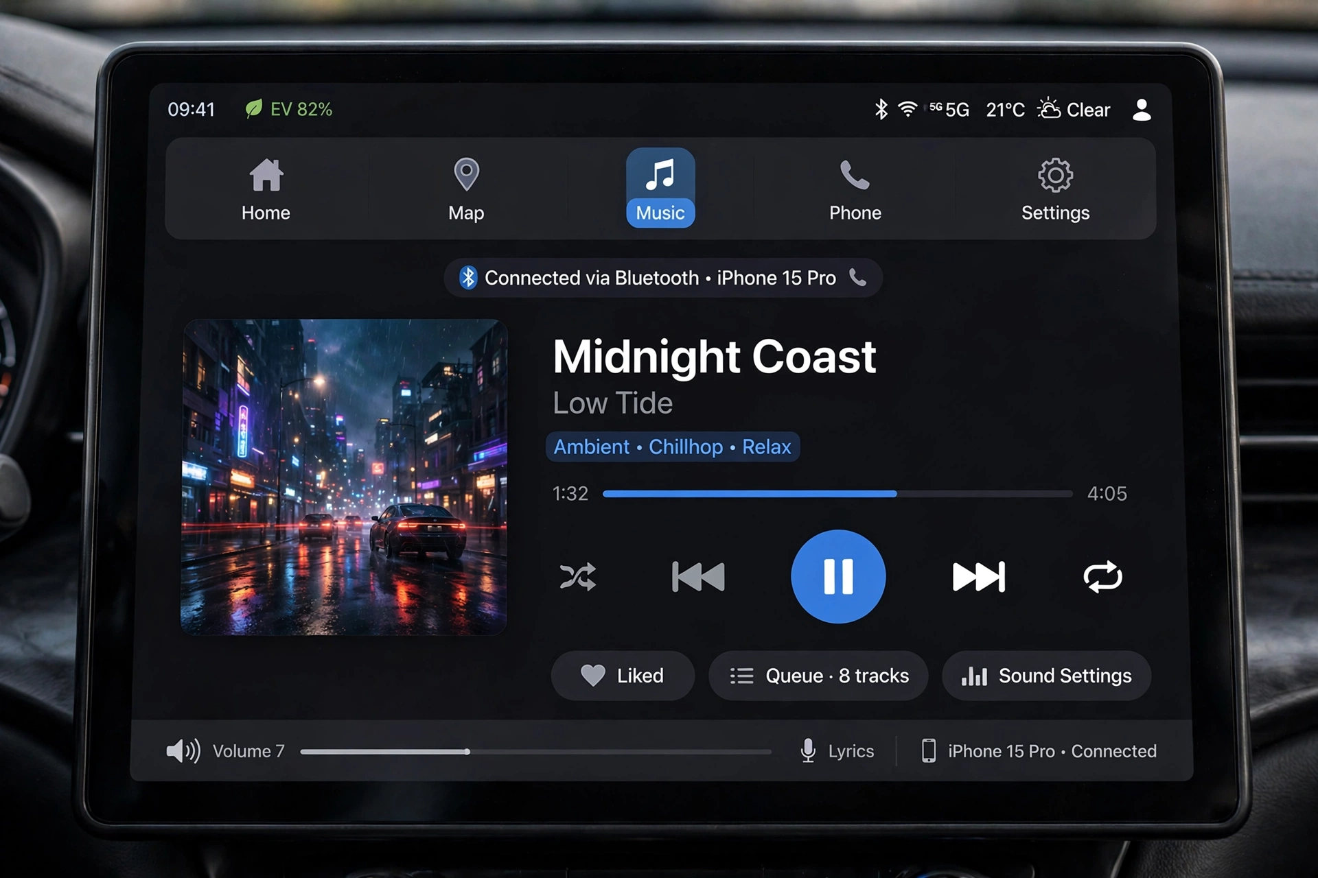 Music player app open on car infotainment display
