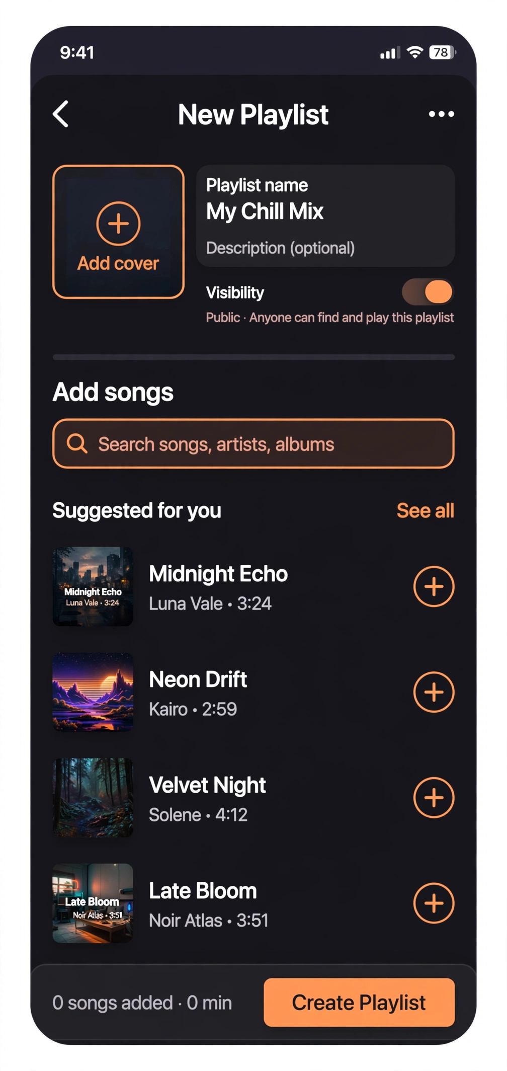 Audiomack playlist creation screen
