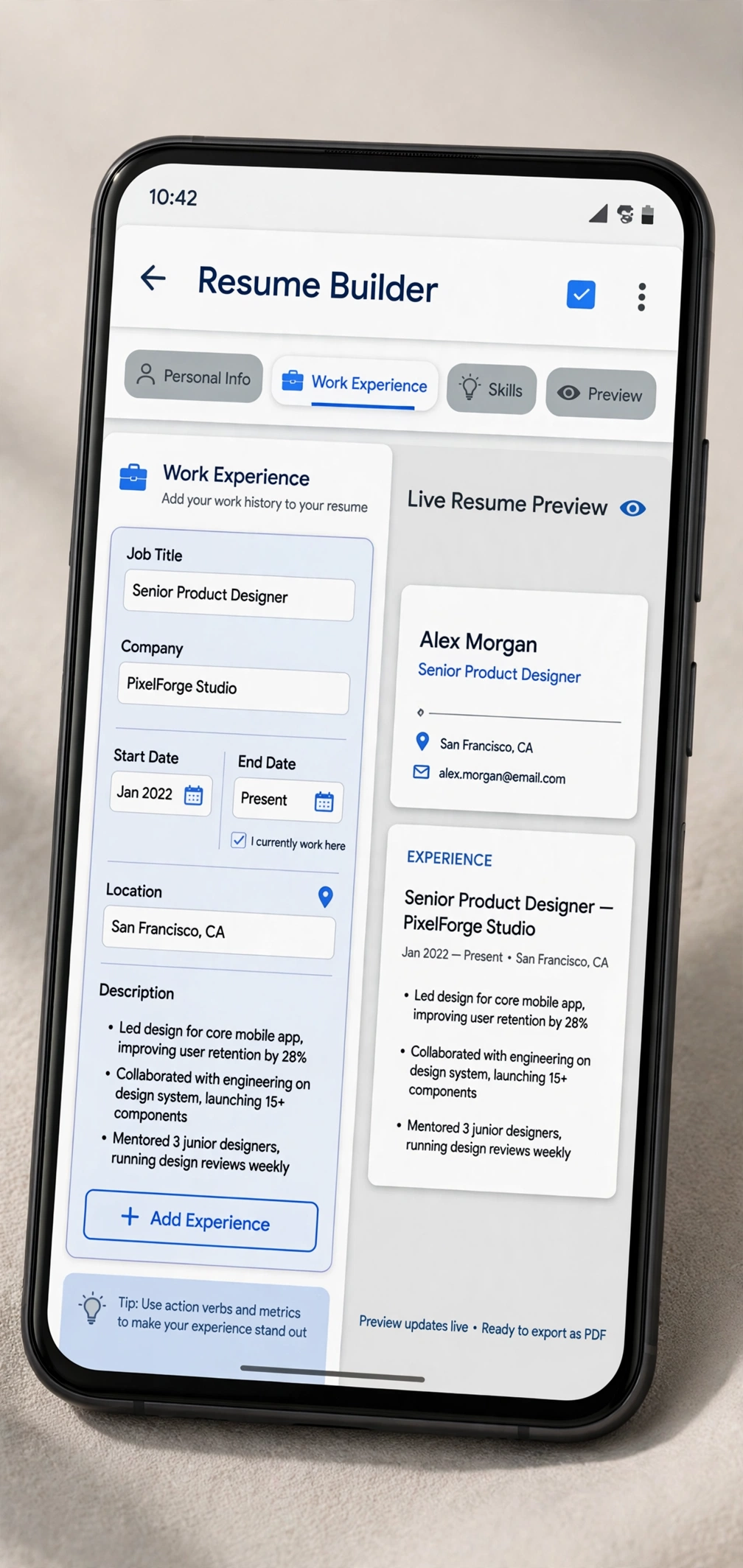 Resume Builder CV editor screen