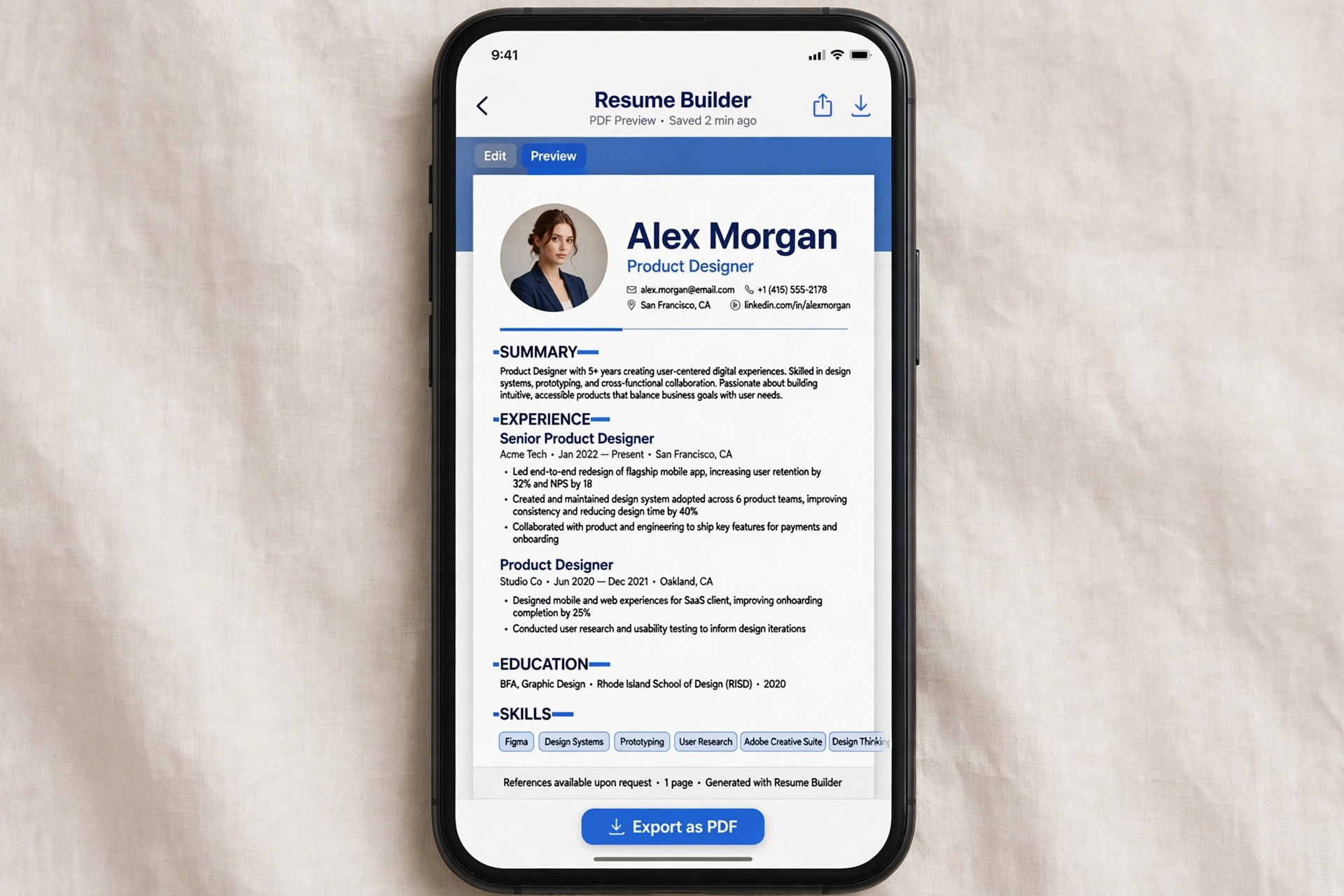 Resume Builder finished resume preview