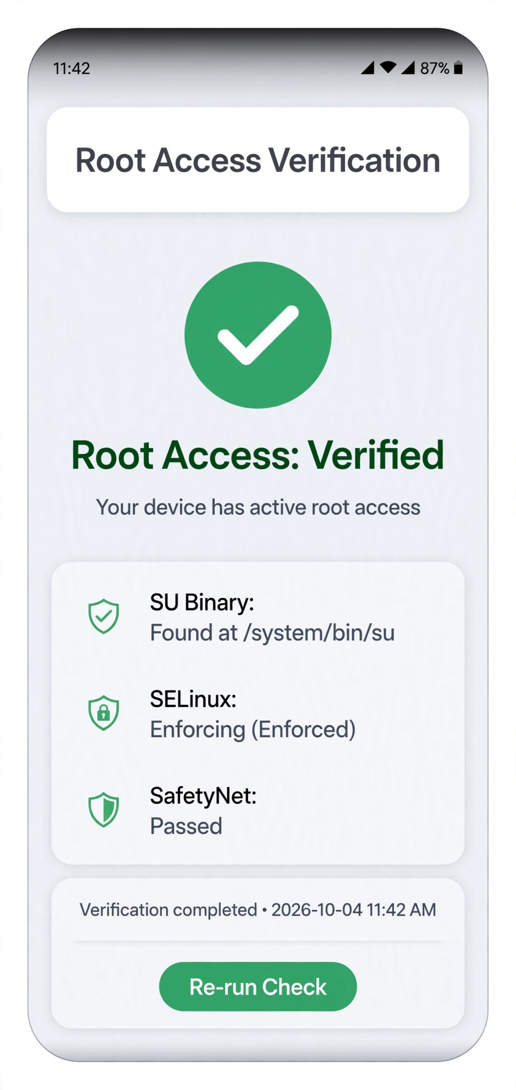 Root Checker root access verification result screen with green checkmark