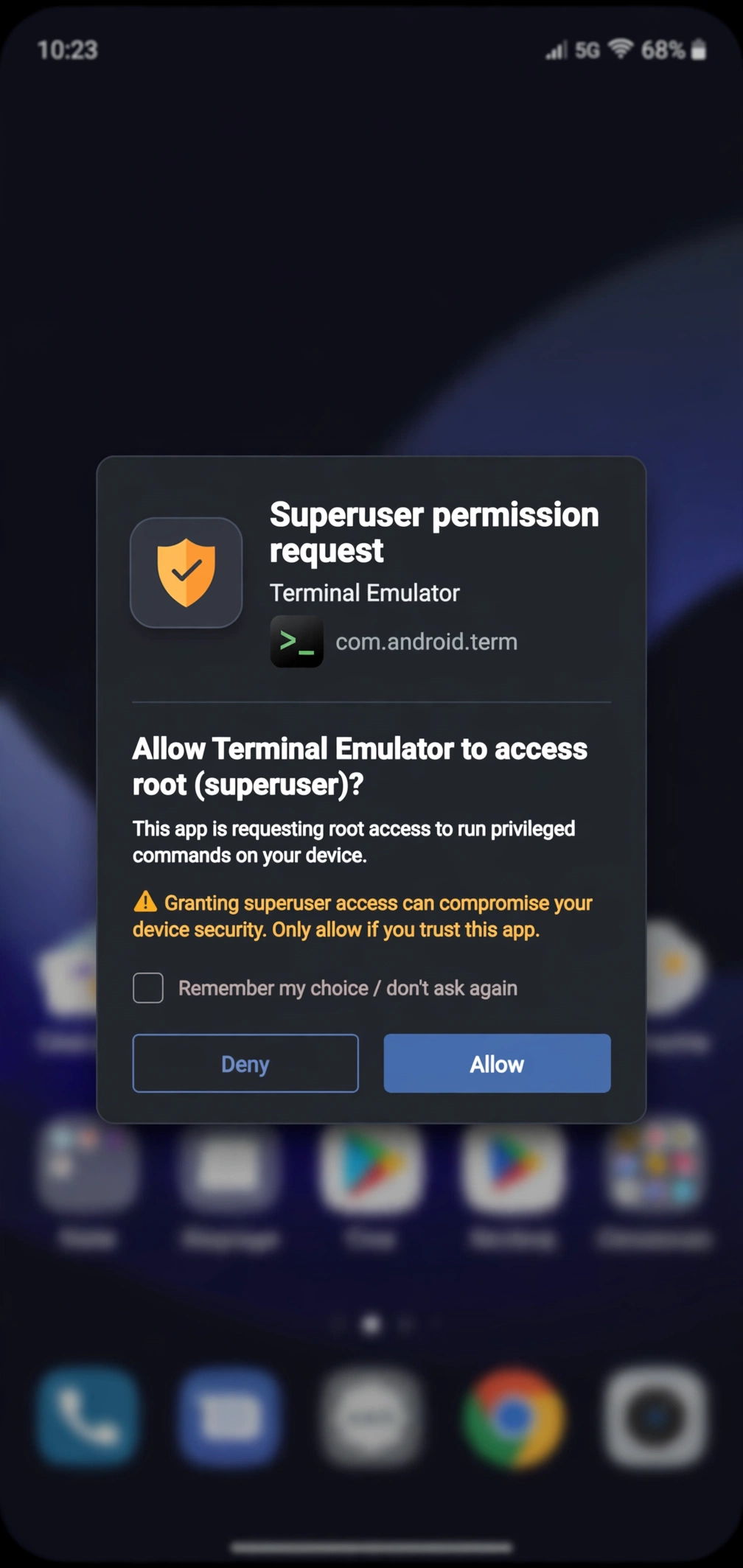 Superuser permission request dialog on Android phone