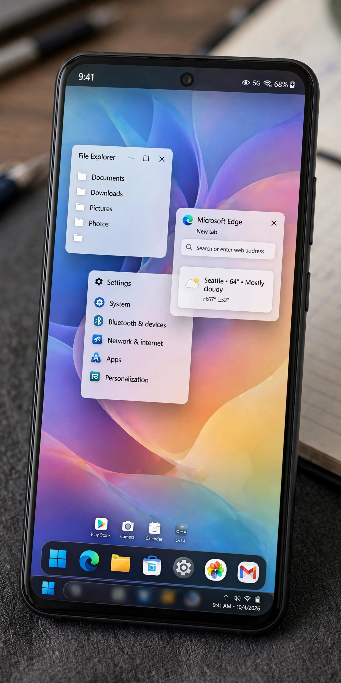 Android home screen styled like Windows 11 desktop with centered taskbar