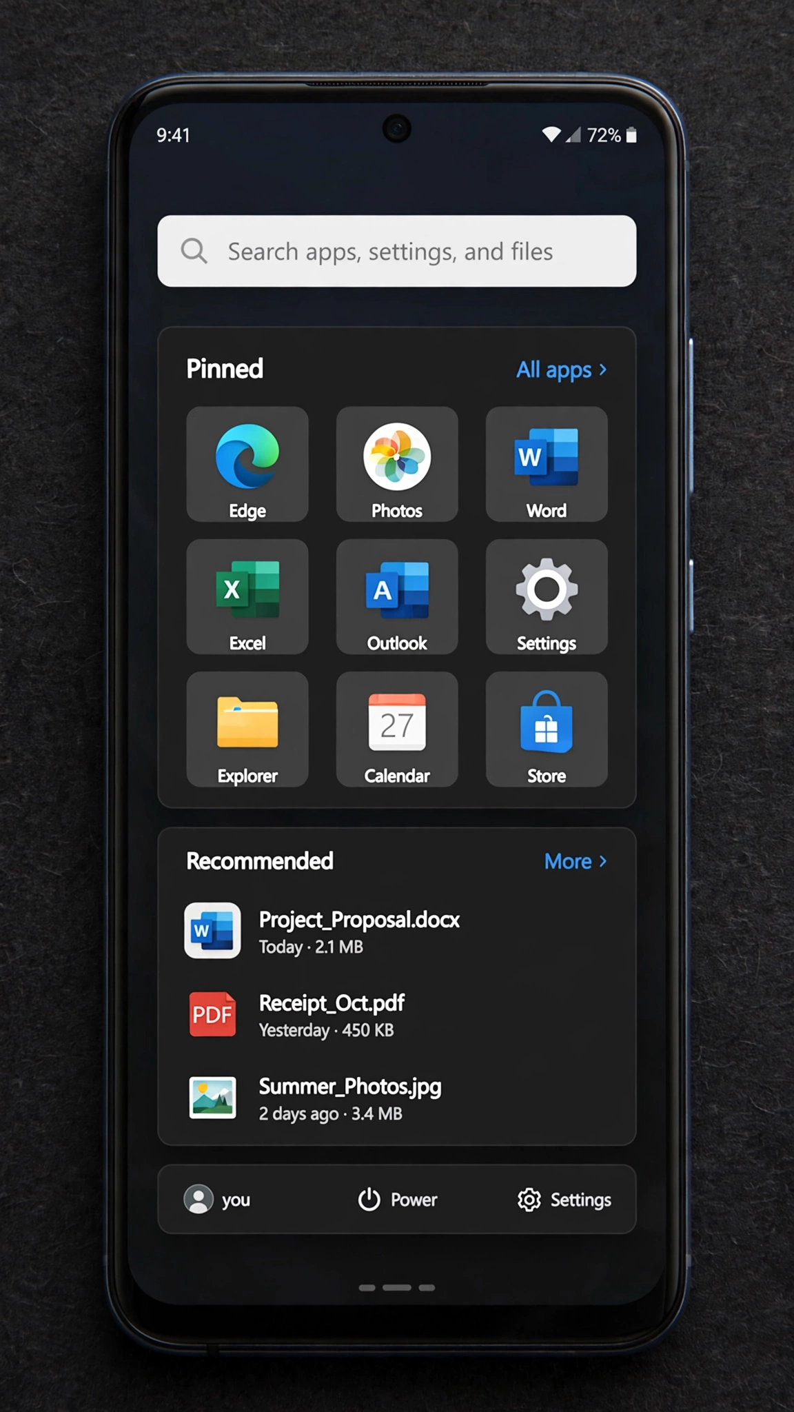 Windows-style Start menu open on an Android phone