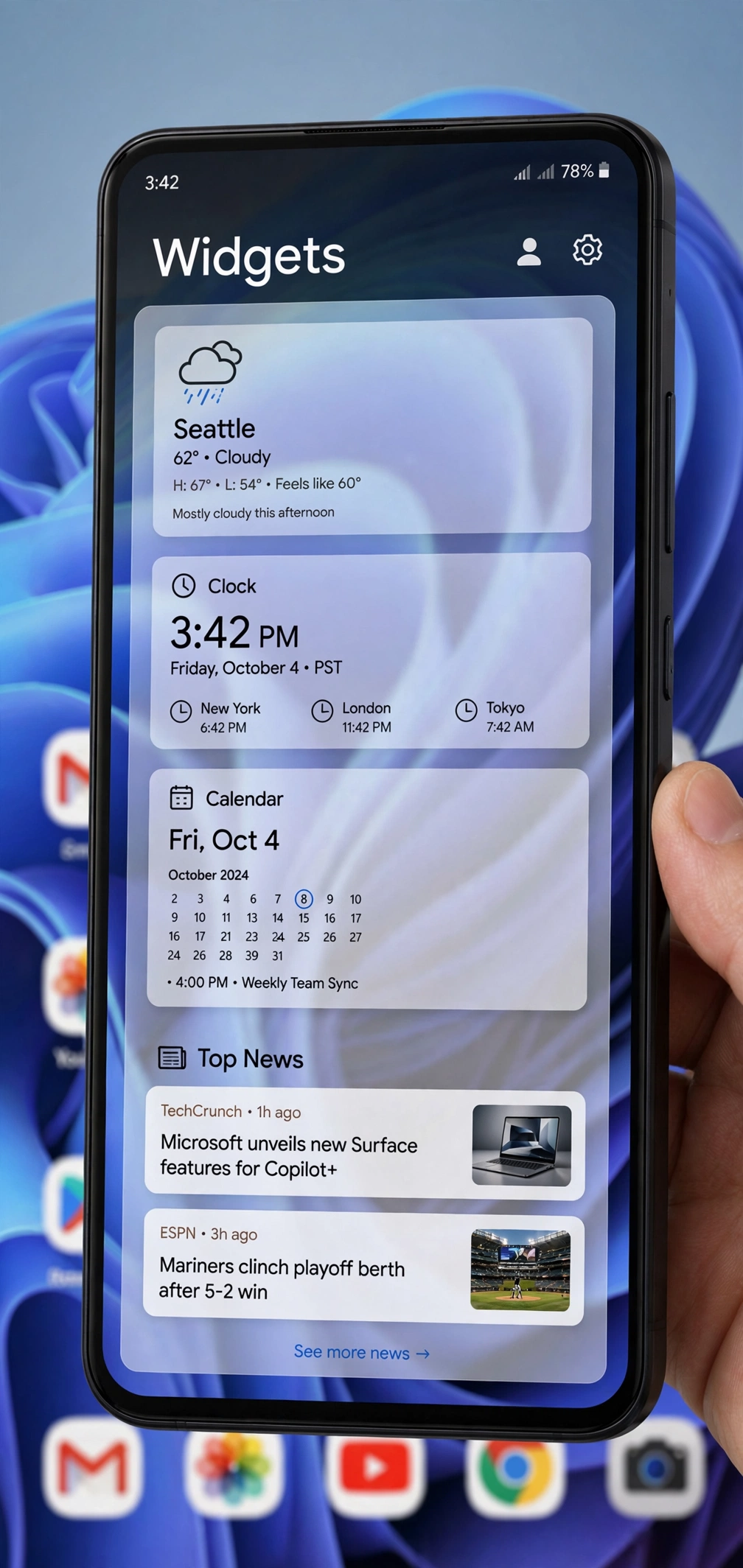 Windows 11 style widgets board with weather and news cards on a phone
