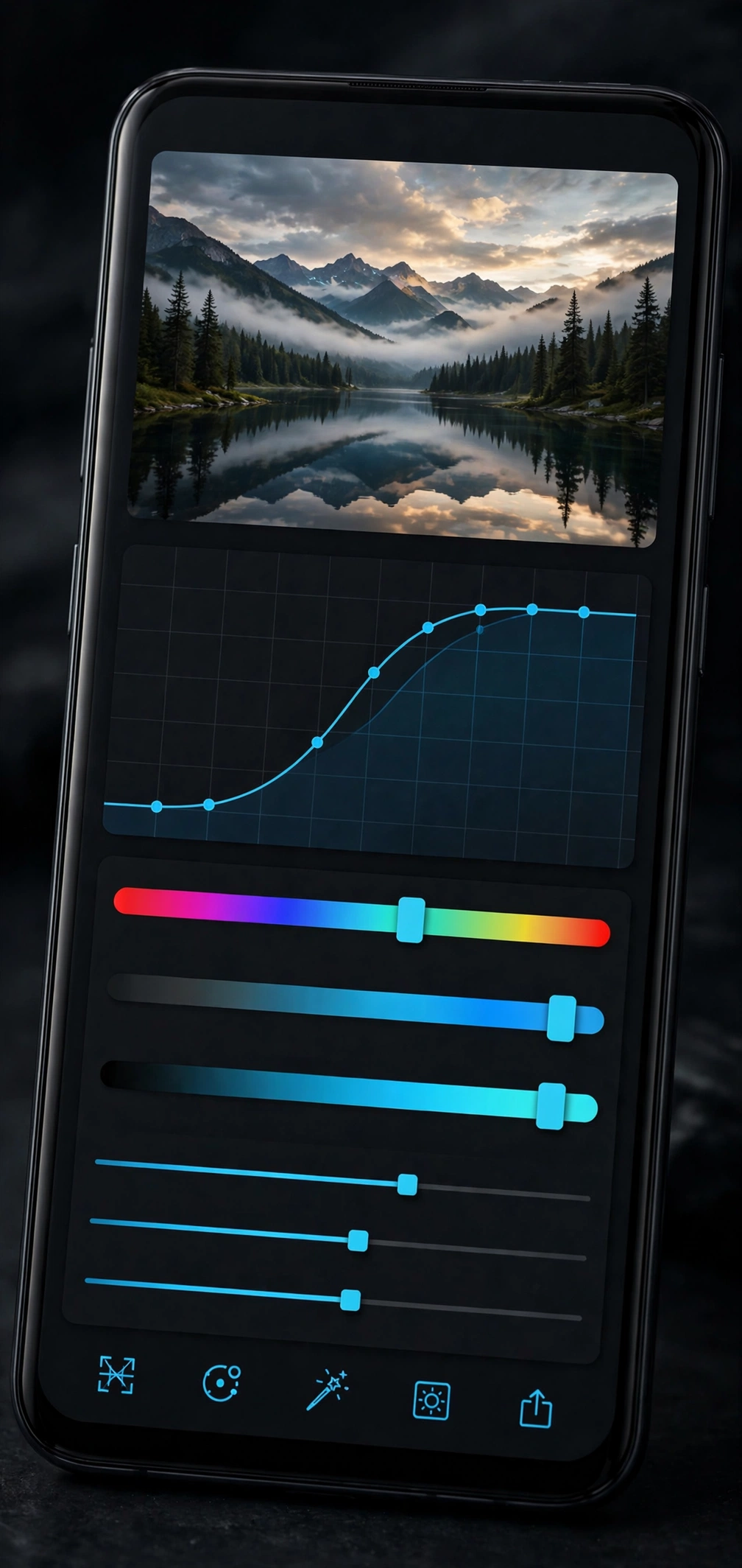 Polarr photo editing workspace with tone curves