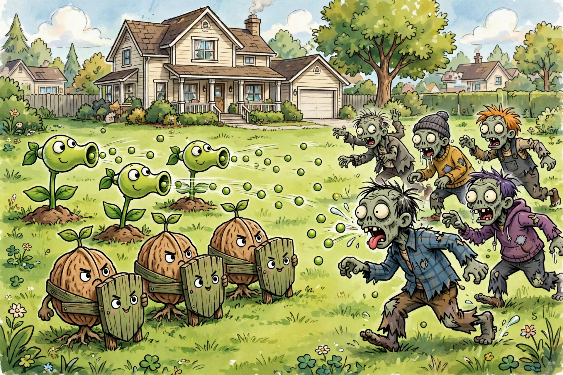 Plants vs Zombies 2 lawn defense gameplay with plants fighting zombies